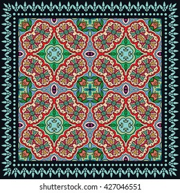 Decorative abstract colorful background, square geometric floral pattern with ornate lace frame, tribal ethnic ornament. Bandanna shawl fabric print, silk neck scarf, kerchief design vector decoration