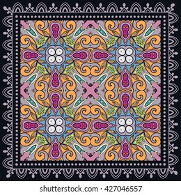 Decorative abstract colorful background, square geometric floral pattern with ornate lace frame, tribal ethnic ornament. Bandanna shawl fabric print, silk neck scarf, kerchief design vector decoration