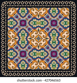 Decorative abstract colorful background, square geometric floral pattern with ornate lace frame, tribal ethnic ornament. Bandanna shawl fabric print, silk neck scarf, kerchief design vector decoration