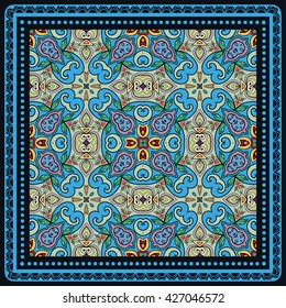 Decorative abstract colorful background, square geometric floral pattern with ornate lace frame, tribal ethnic ornament. Bandanna shawl fabric print, silk neck scarf, kerchief design vector decoration