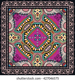 Decorative abstract colorful background, square geometric floral pattern with ornate lace frame, tribal ethnic ornament. Bandanna shawl fabric print, silk neck scarf, kerchief design vector decoration