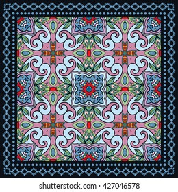 Decorative abstract colorful background, square geometric floral pattern with ornate lace frame, tribal ethnic ornament. Bandanna shawl fabric print, silk neck scarf, kerchief design vector decoration