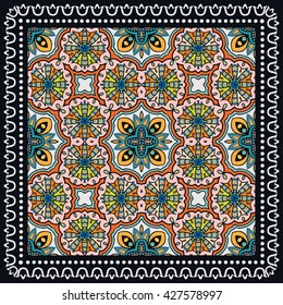Decorative abstract colorful background, square geometric floral pattern with ornate lace frame, tribal ethnic ornament. Bandanna shawl fabric print, silk neck scarf, kerchief design vector decoration