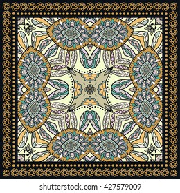 Decorative abstract colorful background, square geometric floral pattern with ornate lace frame, tribal ethnic ornament. Bandanna shawl fabric print, silk neck scarf, kerchief design vector decoration