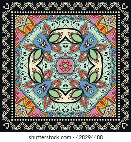 Decorative abstract colorful background, square geometric floral pattern with ornate lace frame, tribal ethnic ornament. Bandanna shawl fabric print, silk neck scarf, kerchief design vector decoration