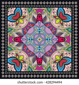 Decorative abstract colorful background, square geometric floral pattern with ornate lace frame, tribal ethnic ornament. Bandanna shawl fabric print, silk neck scarf, kerchief design vector decoration