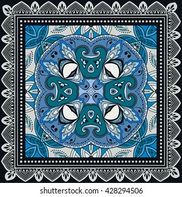 Decorative abstract colorful background, square geometric floral pattern with ornate lace frame, tribal ethnic ornament. Bandanna shawl fabric print, silk neck scarf, kerchief design vector decoration