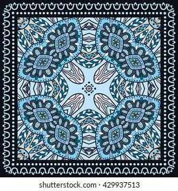 Decorative abstract colorful background, square geometric floral pattern with ornate lace frame, tribal ethnic ornament. Bandanna shawl fabric print, silk neck scarf, kerchief design vector decoration