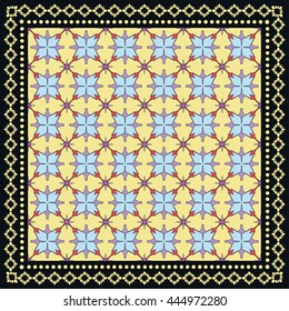Decorative abstract colorful background, square geometric pattern with ornate lace frame, tribal ethnic ornament. Bandanna shawl fabric print, silk neck scarf, kerchief design, vector decoration