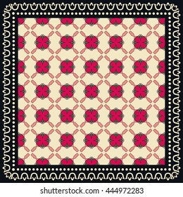 Decorative abstract colorful background, square geometric pattern with ornate lace frame, tribal ethnic ornament. Bandanna shawl fabric print, silk neck scarf, kerchief design, vector decoration