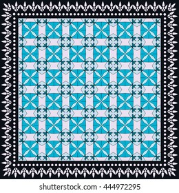 Decorative abstract colorful background, square geometric pattern with ornate lace frame, tribal ethnic ornament. Bandanna shawl fabric print, silk neck scarf, kerchief design, vector decoration