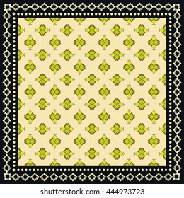 Decorative abstract colorful background, square geometric pattern with ornate lace frame, tribal ethnic ornament. Bandanna shawl fabric print, silk neck scarf, kerchief design, vector decoration