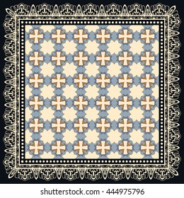 Decorative abstract colorful background, square geometric pattern with ornate lace frame, tribal ethnic ornament. Bandanna shawl fabric print, silk neck scarf, kerchief design, vector decoration