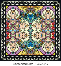 Decorative abstract colorful background, square geometric floral pattern with ornate lace frame, tribal ethnic ornament. Bandanna shawl fabric print, silk neck scarf, kerchief design vector decoration