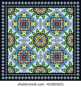 Decorative abstract colorful background, square geometric floral pattern with ornate lace frame, tribal ethnic ornament. Bandanna shawl fabric print, silk neck scarf, kerchief design vector decoration