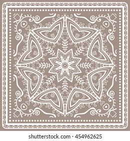 Decorative abstract colorful background, square geometric floral pattern with ornate lace frame, tribal ethnic ornament. Bandanna shawl fabric print, silk neck scarf, kerchief design vector decoration
