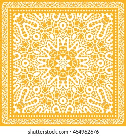 Decorative abstract colorful background, square geometric floral pattern with ornate lace frame, tribal ethnic ornament. Bandanna shawl fabric print, silk neck scarf, kerchief design vector decoration