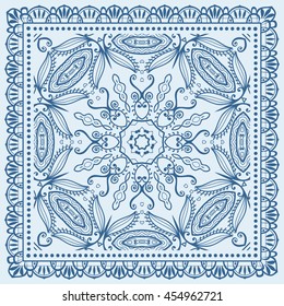 Decorative abstract colorful background, square geometric floral pattern with ornate lace frame, tribal ethnic ornament. Bandanna shawl fabric print, silk neck scarf, kerchief design vector decoration