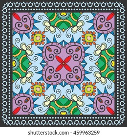 Decorative abstract colorful background, square geometric floral pattern with ornate lace frame, tribal ethnic ornament. Bandanna shawl fabric print, silk neck scarf, kerchief design vector decoration