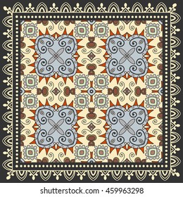Decorative abstract colorful background, square geometric floral pattern with ornate lace frame, tribal ethnic ornament. Bandanna shawl fabric print, silk neck scarf, kerchief design vector decoration