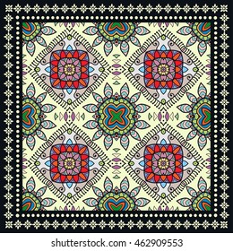 Decorative abstract colorful background, square geometric floral pattern with ornate lace frame, tribal ethnic ornament. Bandanna shawl fabric print, silk neck scarf, kerchief design vector decoration