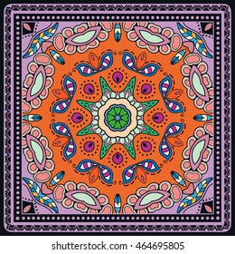 Decorative abstract colorful background, square geometric floral pattern with ornate lace frame, tribal ethnic ornament. Bandanna shawl fabric print, silk neck scarf, kerchief design vector decoration