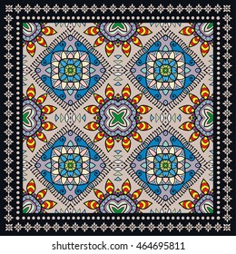 Decorative abstract colorful background, square geometric floral pattern with ornate lace frame, tribal ethnic ornament. Bandanna shawl fabric print, silk neck scarf, kerchief design vector decoration