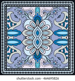 Decorative abstract colorful background, square geometric floral pattern with ornate lace frame, tribal ethnic ornament. Bandanna shawl fabric print, silk neck scarf, kerchief design vector decoration