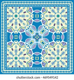 Decorative abstract colorful background, square geometric floral pattern with ornate lace frame, tribal ethnic ornament. Bandanna shawl fabric print, silk neck scarf, kerchief design vector decoration