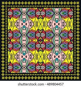 Decorative abstract colorful background, square geometric floral pattern with ornate lace frame, tribal ethnic ornament. Bandanna shawl fabric print, silk neck scarf, kerchief design vector decoration