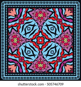 Decorative abstract colorful background, square geometric floral pattern with ornate lace frame, tribal ethnic ornament. Bandanna shawl fabric print, silk neck scarf, kerchief design vector decoration