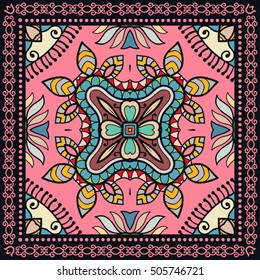 Decorative abstract colorful background, square geometric floral pattern with ornate lace frame, tribal ethnic ornament. Bandanna shawl fabric print, silk neck scarf, kerchief design vector decoration