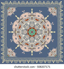 Decorative abstract colorful background, square geometric floral pattern with ornate lace frame, tribal ethnic ornament. Bandanna shawl fabric print, silk neck scarf, kerchief design vector decoration