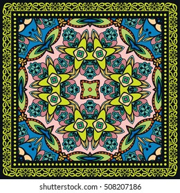 Decorative abstract colorful background, square geometric floral pattern with ornate lace frame, tribal ethnic ornament. Bandanna shawl fabric print, silk neck scarf, kerchief design vector decoration
