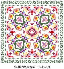 Decorative abstract colorful background, square geometric floral pattern with ornate lace frame, tribal ethnic ornament. Bandanna shawl fabric print, silk neck scarf, kerchief design vector decoration