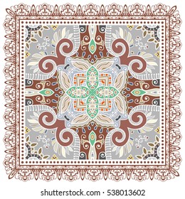 Decorative abstract colorful background, stylized geometric floral pattern with ornate lace frame. Tribal ethnic ornament. Bandanna shawl fabric print, silk neck scarf, kerchief design, vector decor