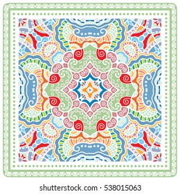 Decorative abstract colorful background, stylized geometric floral pattern with ornate lace frame. Tribal ethnic ornament. Bandanna shawl fabric print, silk neck scarf, kerchief design, vector decor