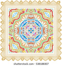 Decorative abstract colorful background, stylized geometric floral pattern with ornate lace frame. Tribal ethnic ornament. Bandanna shawl fabric print, silk neck scarf, kerchief design, vector decor