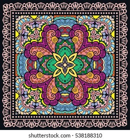 Decorative abstract colorful background, stylized geometric floral pattern with ornate lace frame. Tribal ethnic ornament. Bandanna shawl fabric print, silk neck scarf, kerchief design, vector decor