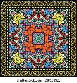 Decorative abstract colorful background, stylized geometric floral pattern with ornate lace frame. Tribal ethnic ornament. Bandanna shawl fabric print, silk neck scarf, kerchief design, vector decor