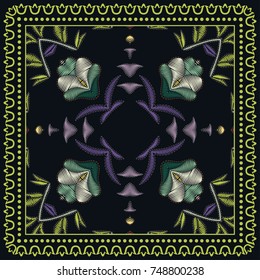 Decorative abstract colorful embroidery background, geometric floral doodle pattern with ornate lace frame. Tribal ethnic ornament. Bandanna shawl fabric print, silk neck scarf or kerchief design