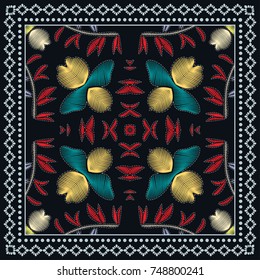 Decorative abstract colorful embroidery background, geometric floral doodle pattern with ornate lace frame. Tribal ethnic ornament. Bandanna shawl fabric print, silk neck scarf or kerchief design