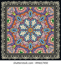 Decorative abstract colorful pattern, mandala geometric floral ornament and lace frame. Tribal ethnic decoration. Bandanna shawl fabric print, silk neck scarf, kerchief design, doodle illustration