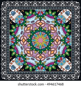 Decorative abstract colorful pattern, mandala geometric floral ornament and lace frame. Tribal ethnic decoration. Bandanna shawl fabric print, silk neck scarf, kerchief design, doodle illustration