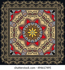 Decorative abstract colorful pattern, mandala geometric floral ornament and lace frame. Tribal ethnic decoration. Bandanna shawl fabric print, silk neck scarf, kerchief design, doodle illustration