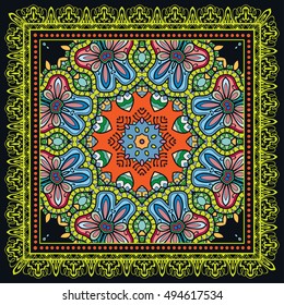 Decorative abstract colorful pattern, mandala geometric floral ornament and lace frame. Tribal ethnic decoration. Bandanna shawl fabric print, silk neck scarf, kerchief design, doodle illustration
