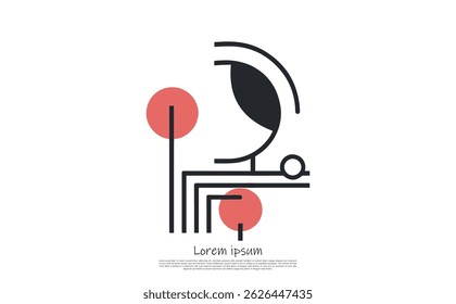 Decorative abstract composition features black lines, geometric shapes, and red circular design elements on a clean white background.