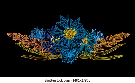 Decorative abstract  cornflowers and wheat, design elements. Can be used for cards, invitations, banners, posters, print design. Floral background in line art style