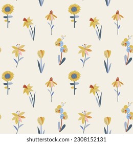 Decorative abstract daisy flower vector seamless pattern. Scandinavian summer floral background. Girlish surface design for textile fabric