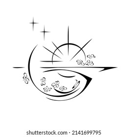 diseño abstracto decorativo con sol estilizado, flores y estrellas. decoración gráfica, logotipo